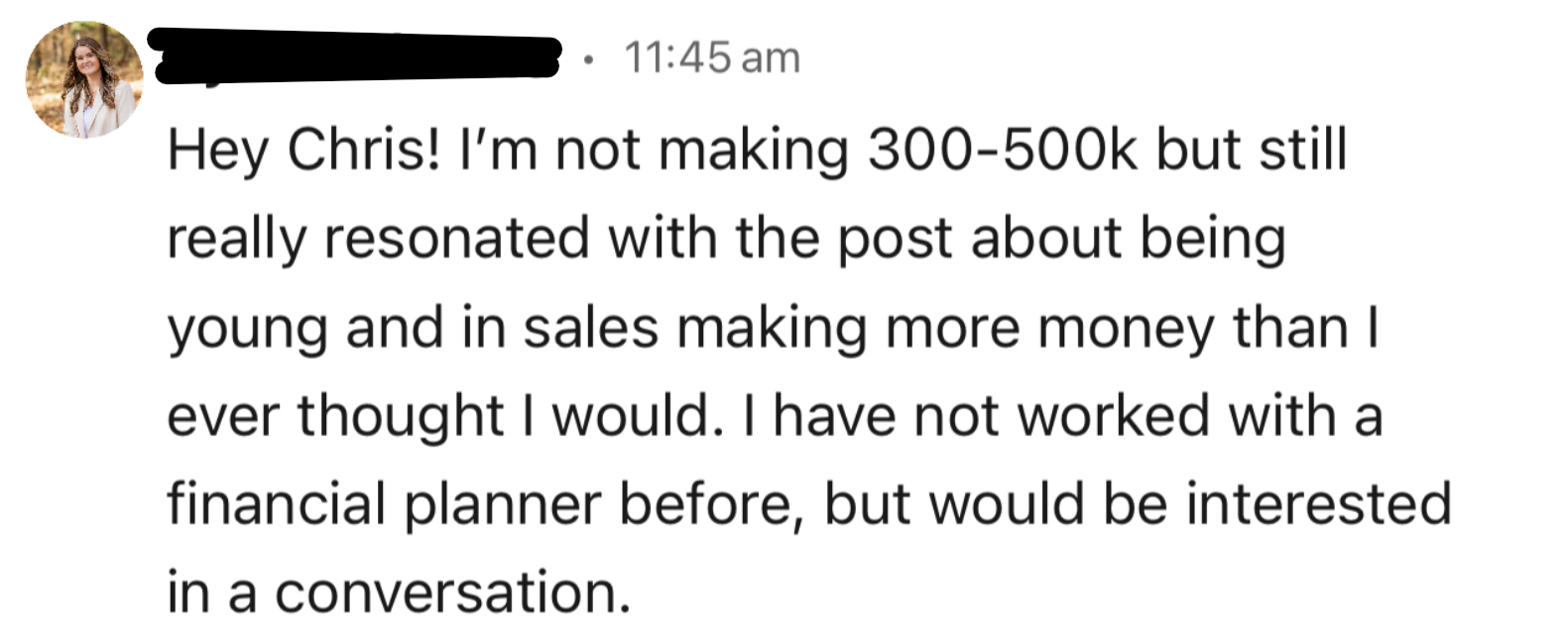 LinkedIn DM from sales rep interested in a conversation